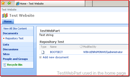 TestWebPart used in the Home Page