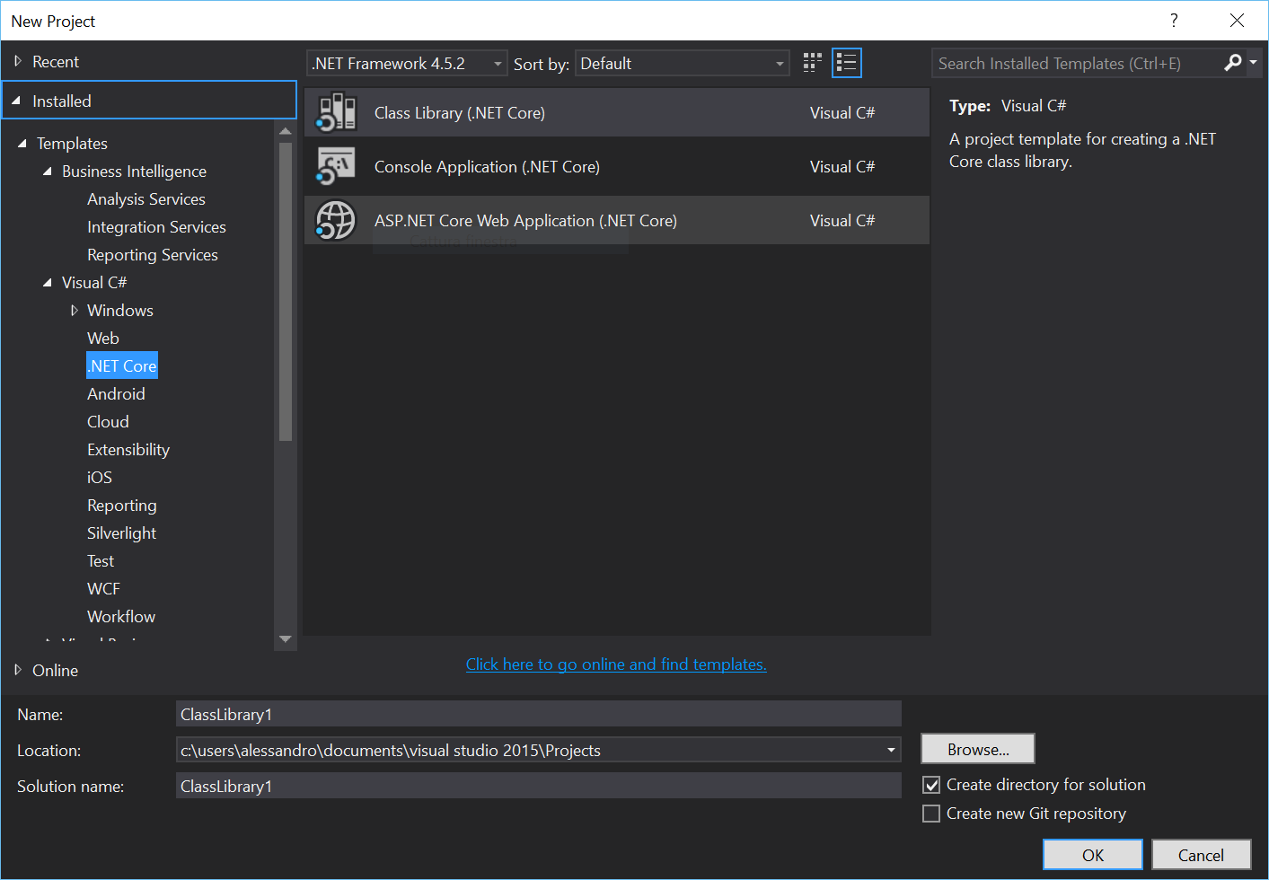 Visual STudio 2015 new .NET Core project